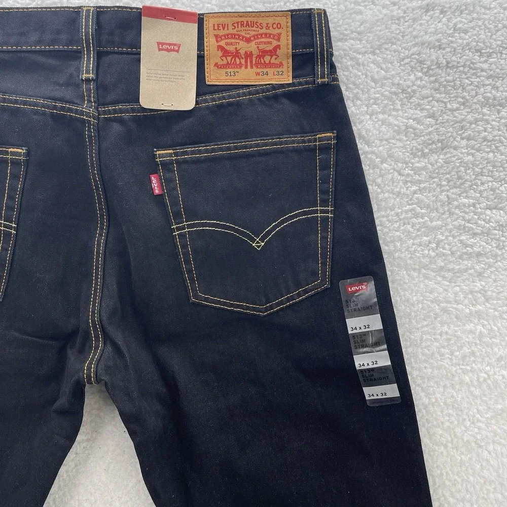 Levis 513 Jeans Mens 34x32 Black Blue Slim Straight Dark Wash Preppy Grunge NEW
